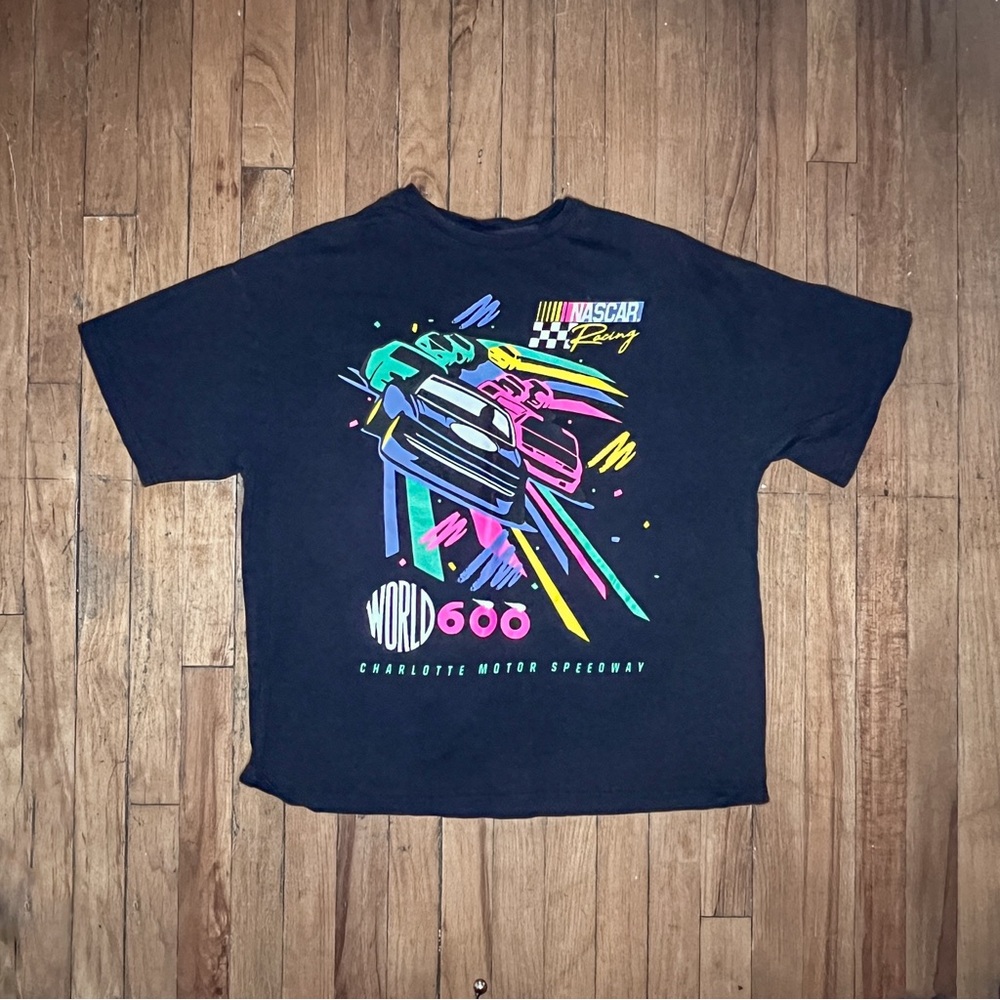 Nascar Black T-Shirt with Neon Green Pink Yellow Blue Graphics